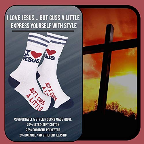 FUNATIC Socks with Funny and Profane Sayings, Sarcastic Gift for Men Women - color: I Love Jesus But Cuss