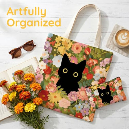 DHQH Birthday Gifts for Cat Lovers for Women, Cat Lover Gifts Beach Bag Reusable Grocery Bag, Thank You Gift for Sisters Daughter Mom Wife Who Loves Cats - style: Black Cat- Bag