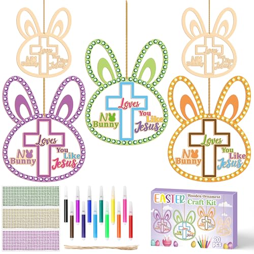 BeYumi Easter Wooden Ornament Craft - 20Pcs NO BUNNY LOVE YOU LIKE A JESUS DIY Wooden Easter Ornaments Craft Kit for Kids Make Your Own Christian Religious Bunny with Gem Sticker Church Party Supplies - style: Bunny