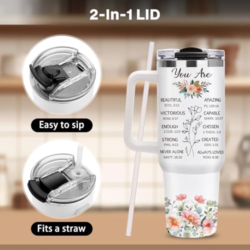 Christian Gifts for Women, 40oz Religious Butterfly Floral Tumbler with Handle, Christ Faith Bible Verse Insulated Travel Mug, Inspirational Spiritual Mother's Day Present for Mom Grandma Sister - color: Religious-D-356-E
