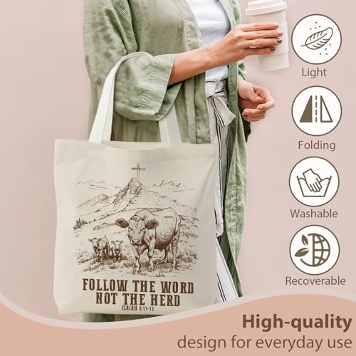 kunlisa Christian Tote Bag for Women, Christian Gifts for Women Faith Canvas Tote Bag - color: Follow the Word Not the Head