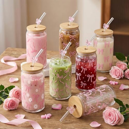 Glass Cups with Lids and Straws, 6Pack, 16oz, Pink Bow - style: Pink Bow