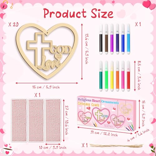 BeYumi Valentines Wooden Ornament Craft - 20Pcs Valentine's Day DIY Wooden GOD is Love Ornaments Craft Kit for Kids Make Your Own Religious Cross Decor with Gem Stickers Church School Party Supplies - style: Heart