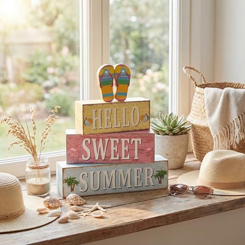 Geelin 4 Pcs Summer Flip Flop Wood Table Decor Hello Sweet Summer Sign - style: Summer