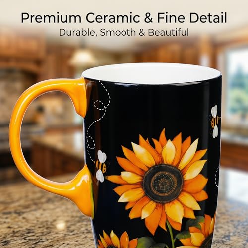 Topadorn 17oz Ceramic Travel Mug with Lid, Sunflower Coffee Mug - color: Black & Yellow