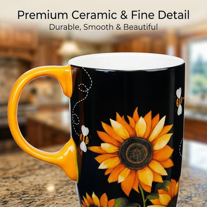Topadorn 17oz Ceramic Travel Mug with Lid, Sunflower Coffee Mug - color: Black & Yellow
