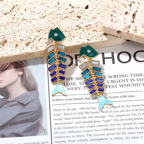 Fish Bone Earrings Drip Oil Animal Earrings Colorful Crystal Sparkly Enamel Earrings Creative Long Fishbone Earstud Dangle Fish Drop Earrings Jewelry for Women - color: Blue