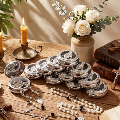 Jadive 24 sets Catholic Rosary Necklace, 6mm Glass Pearl Beads 8mm Our Father Bead Metal Gift Box for Women Men Prayer Gift - color: Silver
