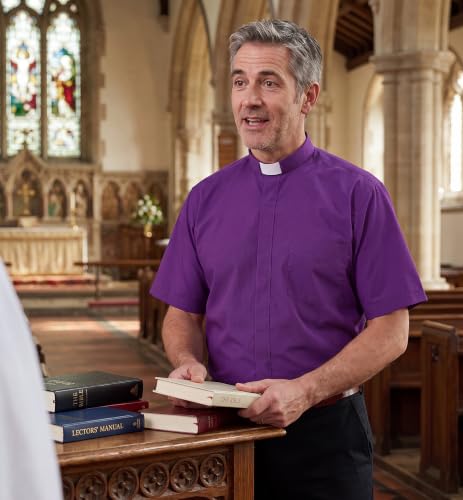 IvyRobes Men's Short Sleeves Tab Collar Clergy Shirt- Black White Purple - color: Purple, size: Small