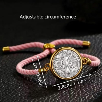 Catholic Bracelets St. Benedict Bracelet Red Rope Double Hole Pendant Couple Woven Bracelets Adjustable Black Bracelet - color: pink