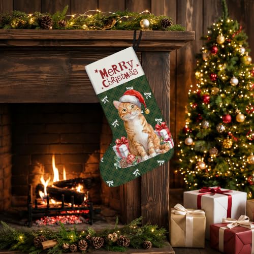 Orange Tabby Cat Green Plaid Christmas Stockings 16 Inch - color: Christmas13