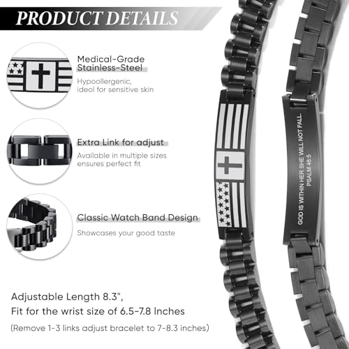 VNOX Personalized Religious Jewelry-Engraved Inspirational Christian Faith Bible Verse Quote Wristbands Elegant Link Bracelet Encouragement Gift,Cassic Watch Band Strap Design - style: Black-Steel-0.4"