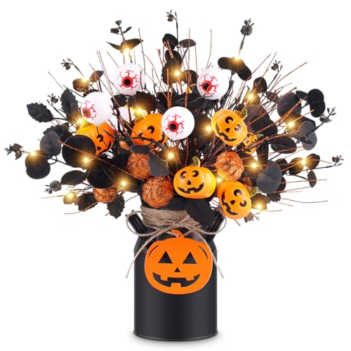 Halloween Table Deocr with 5 Pcs Artificial Pumpkin Eyeballs Eucalyptus Stems Black Iron Vase String Light and Wood Sign Halloween Centerpieces for Indoor Home Party Vase Arrangement Decorations - color: Halloween Decor