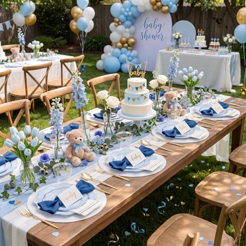 WDF 175Pcs Blue Plastic Plates - Heavy Duty Baby Blue Plates Disposable - 25Guests Plastic Dinnerware Ideal for Parties/Wedding/Baby Shower/Hanukkah - color: Bule and Gold, size: 175 pieces