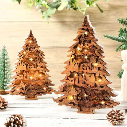 Honoson 2 Pieces Christmas Nativity Scene Wooden Tree Table Decoration