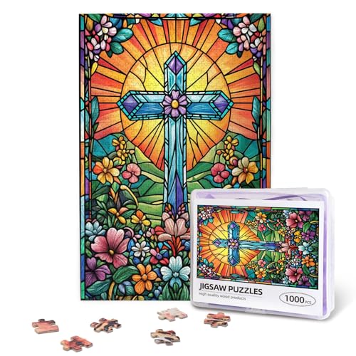 Stained Glass Cross Jigsaw Puzzles for Adults 1000 Pieces Christian Wooden Jigsaw Puzzle Colorful Flowers Religious Cross Puzzle for Family Friends Home Decor Christian Gifts - color: Cross, size: 1000PCS