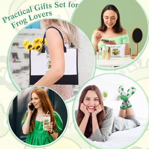 Pickmesh 7 Pack Frog Lover Gifts, Cute Frogs Gift Set for Women, Canvas Tote Bag, Makeup Bag, 16 oz Glass Cup, Socks, Greeting Card, Natural Stone Bracelet with Box - style: Frog