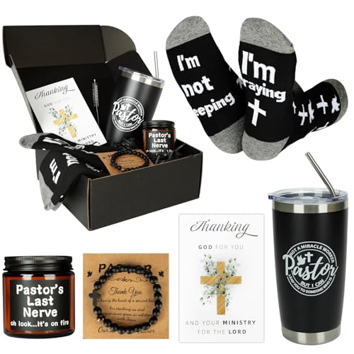 Splandiant Pastor Appreciation Gifts, 6 Pcs Christian Gifts for Pastor - 20oz Tumbler, Lavender Candle, Cotton Socks, Cross Bracelet & Thank You Card - Religious Gift for Man of God, Priest, Minister - style: For Pastor