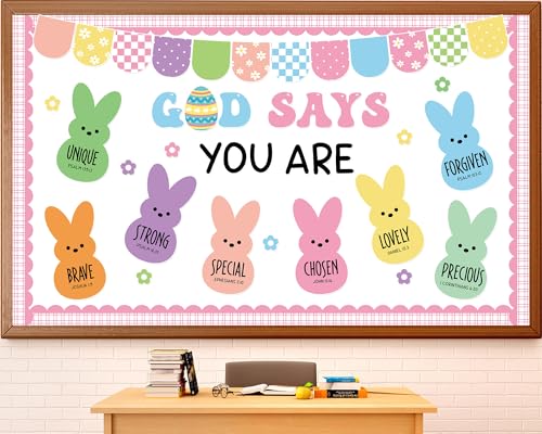 Easter Christian Bulletin Board Decorations God Says You are Religious Classroom Paper Cutouts Inspirational Cross Bunny Decor for Sunday School Church Classroom Chalkboard Wall Decor Teacher Supplies - style: God says you are