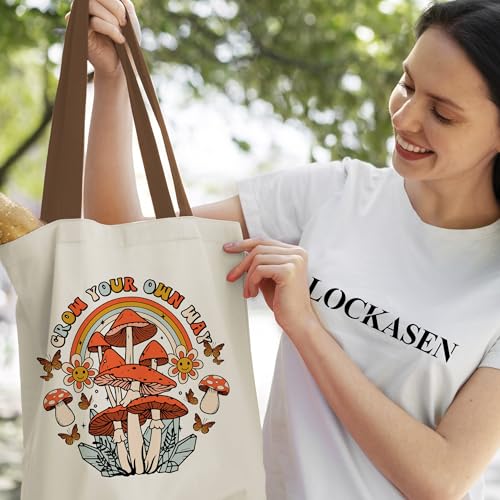 Canvas Tote Bag Aesthetic for Women, Cute Tote Bag with Zipper Pocket, Heavy Duty Reusable Shopping Bags for Grocery - color: 14-groovy Mushroom