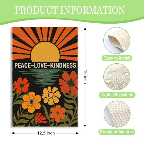 Peace Love Kindness Garden Flag, 12 x 18 Inch Double Sided Motivational Yard Sign, Sunset Flowers Style Peace Decor Flag for Outside Garden Back Yard, Inspirational Gifts for Kind Advocate - color: Black
