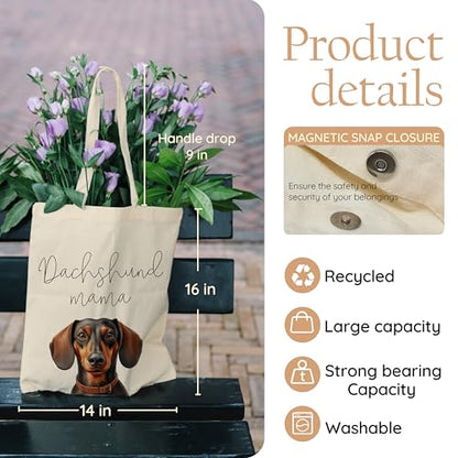 Dog Mom Canvas Tote Bag for Women, Reusable Cotton Shoulder Bag, Dog Lover Gift, Mother’s Day Pet Mom Shopping Tote - color: Dachshund