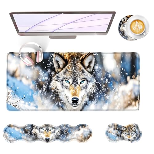 Large Keyboard Mouse Pad Set, Extended Mouse Pad+Keyboard Wrist Rest Support, Memory Foam Ergonomic Easy Typing, 4Pcs (31.5×11.8 in) Desk Pad Set for Office Home,Snowy Wolf - color: Snowy Wolf