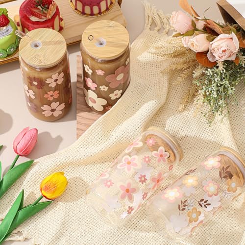 Mumufy 4 Pack Cute Boho Glass Cup, 16 oz Tumbler Mug with Bamboo Lid - style: Cute Boho