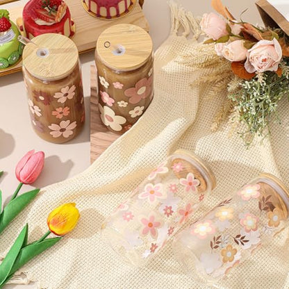 Mumufy 4 Pack Cute Boho Glass Cup, 16 oz Tumbler Mug with Bamboo Lid - style: Cute Boho
