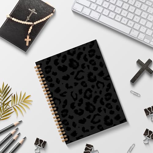 Black Leopard Print Spiral Notebook Journal 5.5x8.3, Cheetah Print Notebooks for Work, Leopard Print Gifts for Women - color: Black Leopard