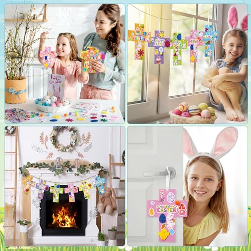 Funrous 48 Sets Crafts Kit Paper Crafts DIY Make Your Own Hanging Ornaments with Pompoms Diamond Stickers for Holiday Classroom Activities Party Favors, Easter Cross - style: Easter Cross