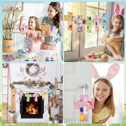 Funrous 48 Sets Crafts Kit Paper Crafts DIY Make Your Own Hanging Ornaments with Pompoms Diamond Stickers for Holiday Classroom Activities Party Favors, Easter Cross - style: Easter Cross