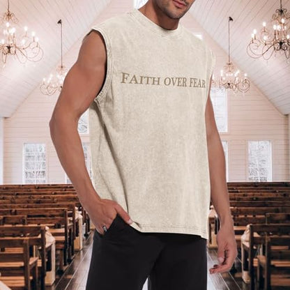 Mens Christian Sleeveless Shirts Faith Over Fear Graphic Tank Tops Gym Workout Acid Wash Tanks Cut Off Muscle Shirt - color: Apricot, size: XX-Large