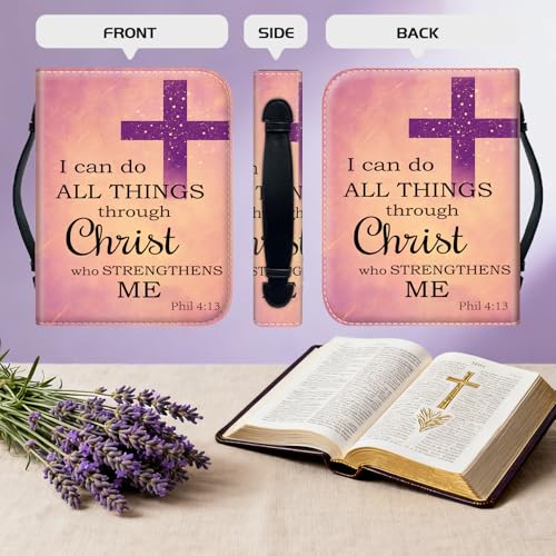 Bible Cover for Women Large PU Leather Zippered Bible Case with Handle and Christian Biblical 4-13 Design, Christian Bible Bag for Girls & Women, Cover Fits Standard 9.5"x7.5"x2.3" Bible - color: Christian Biblical 4-13