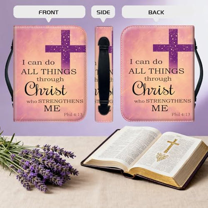 Bible Cover for Women Large PU Leather Zippered Bible Case with Handle and Christian Biblical 4-13 Design, Christian Bible Bag for Girls & Women, Cover Fits Standard 9.5"x7.5"x2.3" Bible - color: Christian Biblical 4-13
