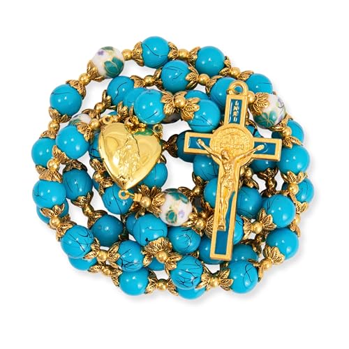 Nazareth Store Saint Benedict 10mm Glass Rosary Beads Catholic Necklace Flowers Mystery Bead Miraculous Medal Locket Cross Prayer Rosarios Catolicos - color: Turquoise