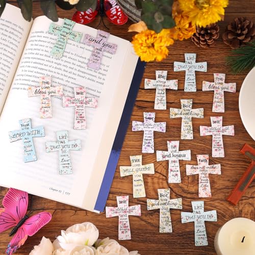 48 PCS Magnetic Cross Bookmarks Christian Cross Page Markers Flowers Bookmark with Religious Bible Verses Inspiration Sayings Gifts for Mother's Day Women Students Bible Study School Church