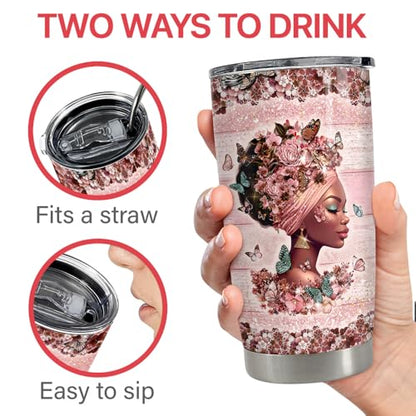 Black Woman Tumbler 20oz Stainless Steel Insulated Coffee Travel Cup Tumblers Gifts for Women Girls on Birthday Christmas - color: Black Woman