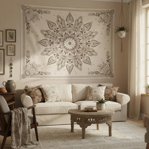 Motanber Floral Mandala Tapestry Wall Hanging Boho Beige Tapestry Aesthetic Bohemian Flower Cute Large Tapestries for Bedroom Living Room Dorm Wall Decor 80 x 60 Inch - color: Beige White, size: 80"L x 60"W