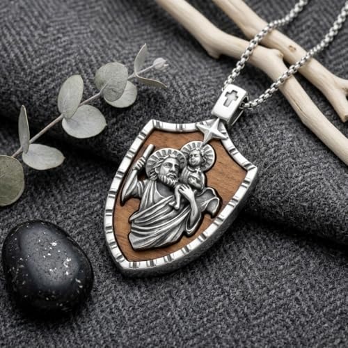 ONEFINITY Wooden Necklace Viking Wolf/St Benedict Medals/St Michael/Crucifix/St Christopher Pendant Necklace for Men Archangel Amulet Wooden Religious Jewelry Gifts for Men Women - style: St Christopher