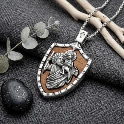 ONEFINITY Wooden Necklace Viking Wolf/St Benedict Medals/St Michael/Crucifix/St Christopher Pendant Necklace for Men Archangel Amulet Wooden Religious Jewelry Gifts for Men Women - style: St Christopher