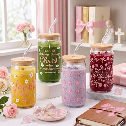 Glass Cups with Lids and Straws, 4Pack, 16oz, Pink Bow Pink - color: Christian Pink Ribbon
