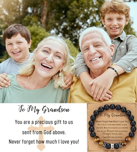 TONY & SANDY Christian Gift for Him Kids Teen Boys Adults Men Cross Bracelet Son Grandson Birthday Graduation Easter Religious Gifts for Men Christmas - style: Grandson ( 7.5 Inches )