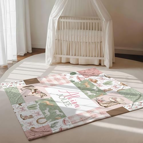 Personalized Western Baby Blanket Girl, Pink Bow Western Boots Pattern, Custom Name Toddler Kids Throw Blanket, Girly Ranch Nursery Decor, Baby Girl Gift - color: Western Baby Blanket Girl