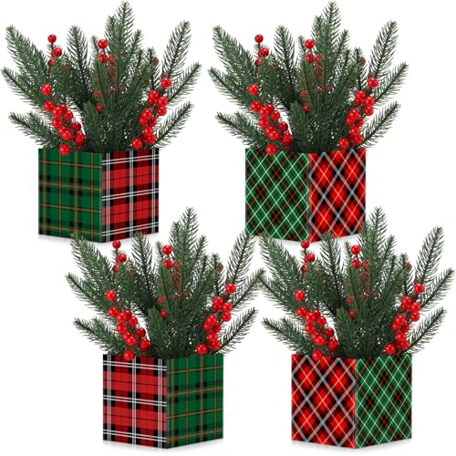 Zeyune 4 Set Christmas Centerpiece for Table Bulk, 4.7 Inch Xmas Centerpiece Decoration Ideal with Artificial Pine Branches and Red Berries Stems for Xmas Party Indoor Home Decor (Christmas Plaid) - style: Classic