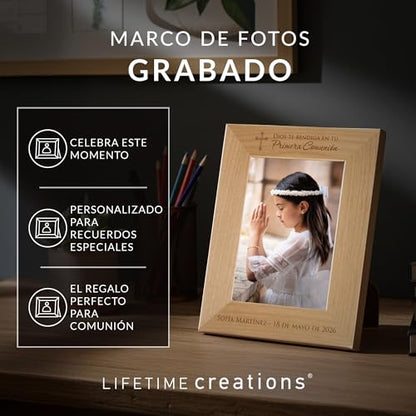 Lifetime Creations Marco de Foto Personalizado para Primera Comunión – Regalos de Primera Comunión para Niño o Niña, Primera Comunión, Marco de Madera de Aliso con Grabado (Foto 5x7 Vertical) - color: Personalizado - Primera Comunión (en Español), size: 5