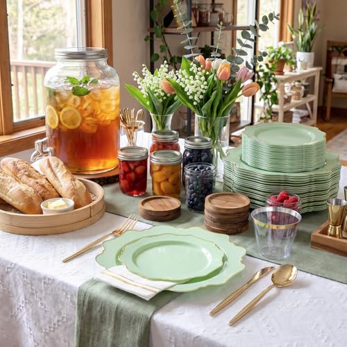 WDF 175Pcs Sage Green Plastic Plates With Gold Rim - Disposable Sage Green Plates 25guest Disposable Dinnerware Ideal for Party/Wedding/Holidays - color: Sage Green, size: 175 pieces
