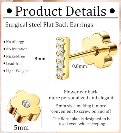 14K Gold Plated Small Stud Earrings for Girls Women Hypoallergenic Surgical Steel Cartilage Flat Back Stud Earrings CZ Cross Dot Bar Heart Handmade Screw Back Earrings Studs - color: Gold, style: Bar