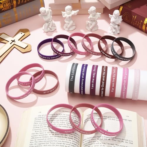 Estune 120 Pcs Bible Verses Bracelets Motivational Quote Rubber Wristbands Christian Religious Silicone Bracelet Inspirational Silicone Wristbands for Unisex Men Women Party (Pink Color) - color: Pink Color