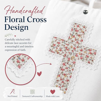 Christian Tote Bag Gift for Women, Canvas Bible Bag Handmade Floral Cross - color: White-pink Mini Roses